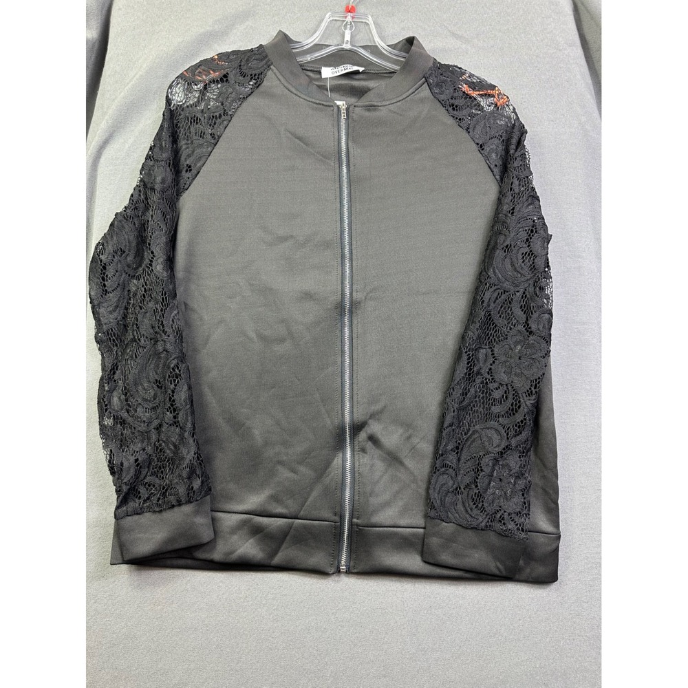 Overmal Women's Black Bomber Jacket Lace Long Sleeve Zip Up Floral XXL New